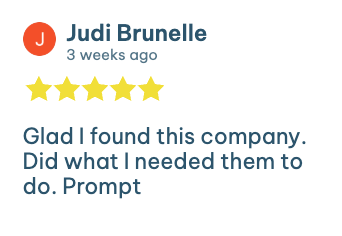 Screenshot of a 5-star Yard Patrol review by Judi Brunelle mentioning prompt and effective service.